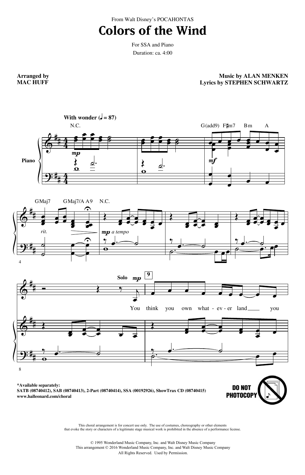Alan Menken & Stephen Schwartz Colors Of The Wind (from Pocahontas) (arr. Mac Huff) Sheet Music