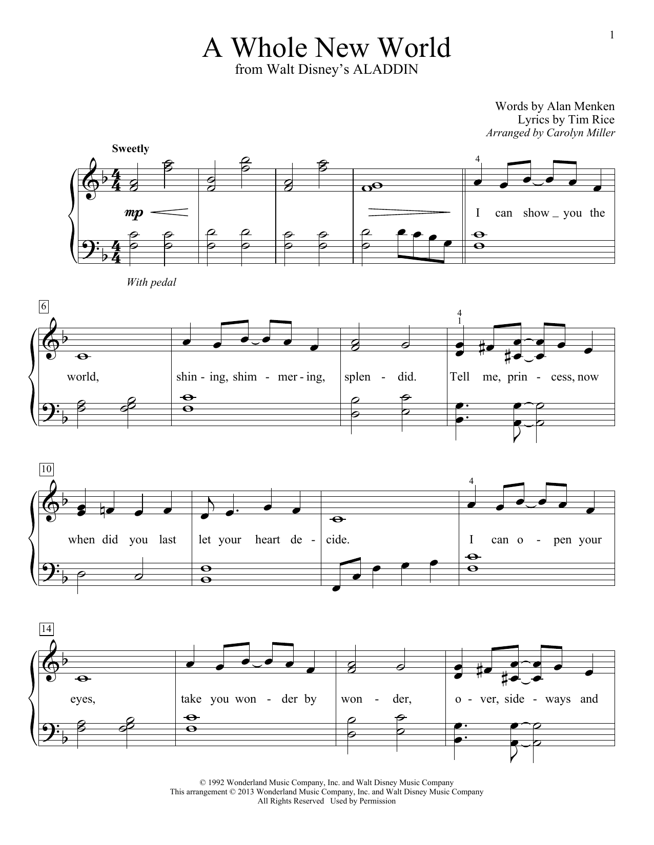 Alan Menken & Tim Rice A Whole New World (from Aladdin) (arr. Carolyn Miller) Sheet Music