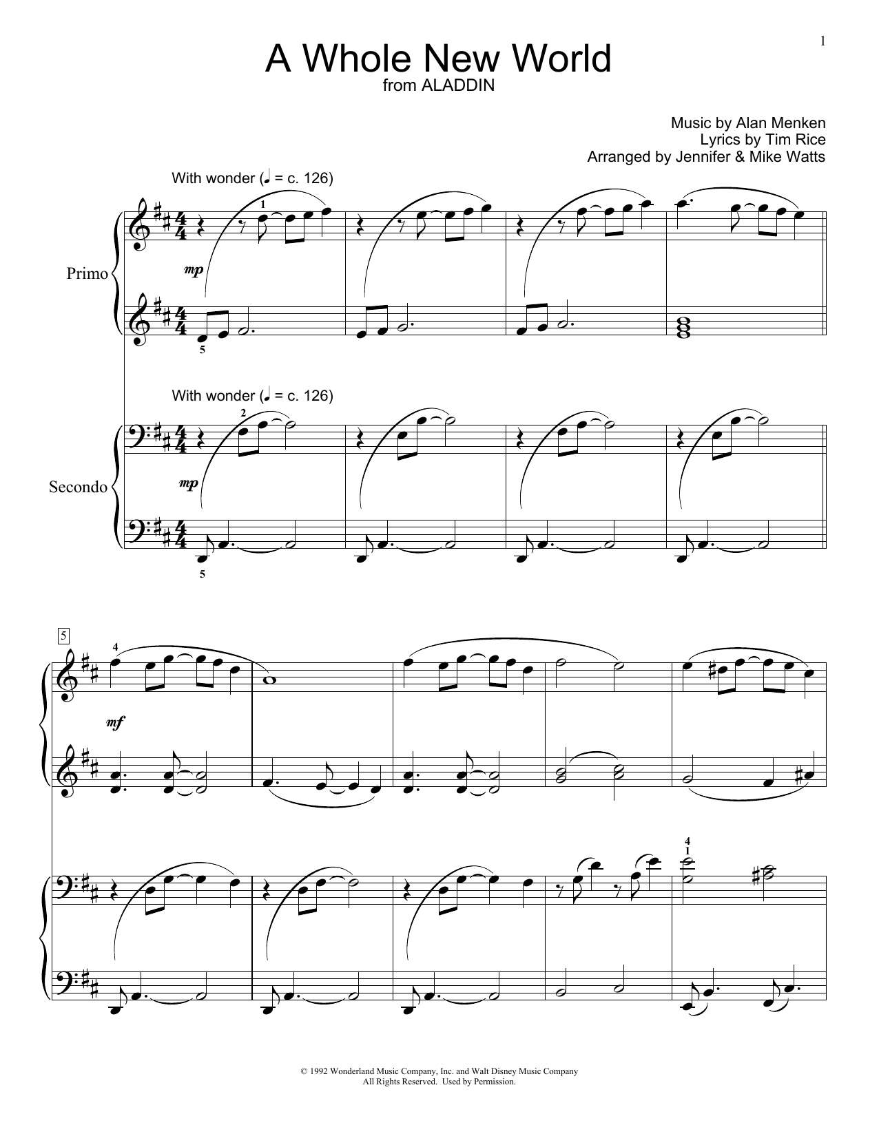 Alan Menken & Tim Rice A Whole New World (from Aladdin) (arr. Jennifer & Mike Watts) Sheet Music