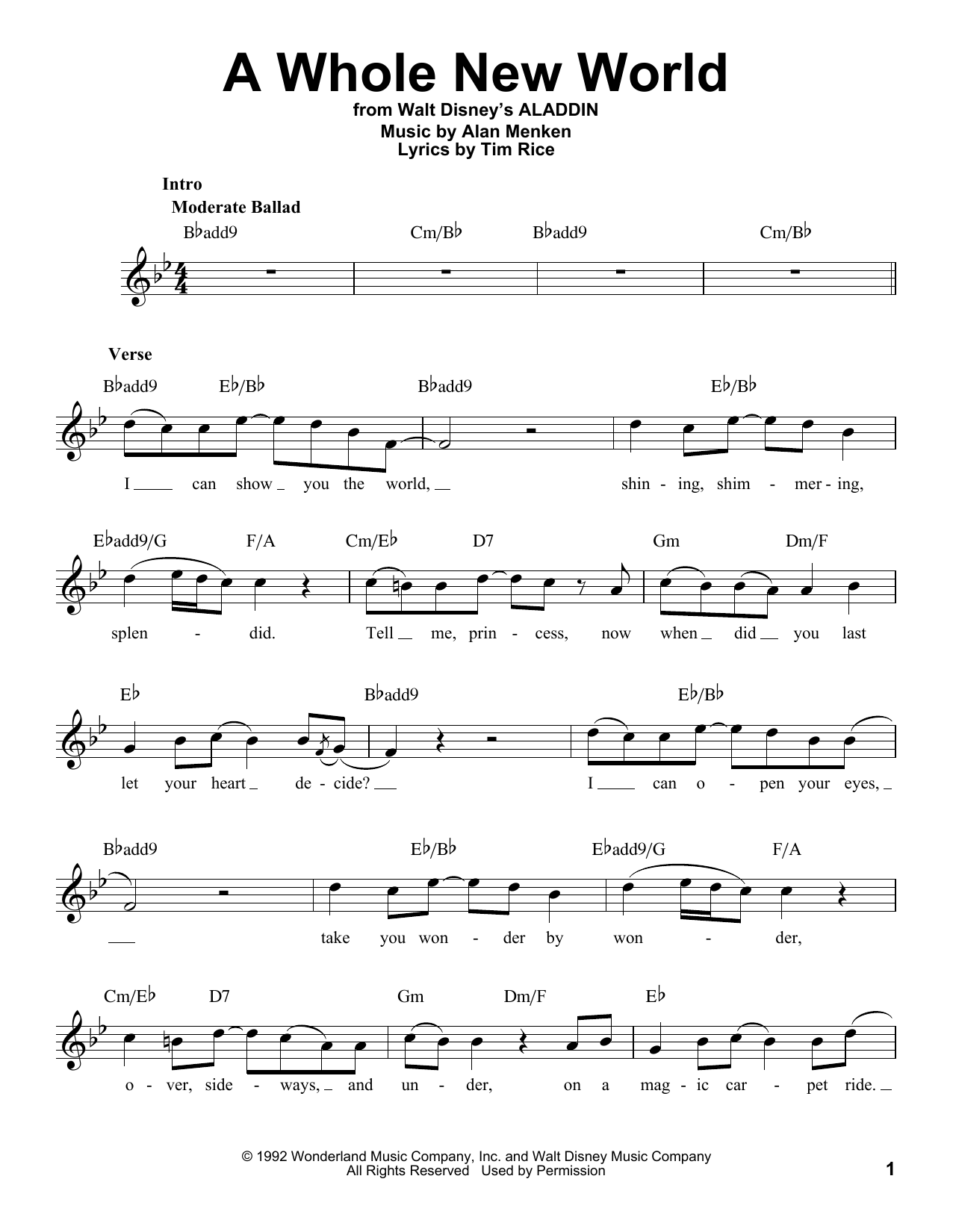 Alan Menken & Tim Rice A Whole New World (Male part only) (from Aladdin) Sheet Music