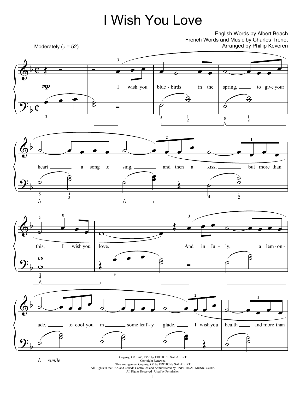 Albert A. Beach I Wish You Love (arr. Phillip Keveren) Sheet Music