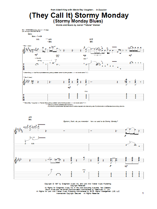 Albert King & Stevie Ray Vaughan (They Call It) Stormy Monday (Stormy Monday Blues) Sheet Music