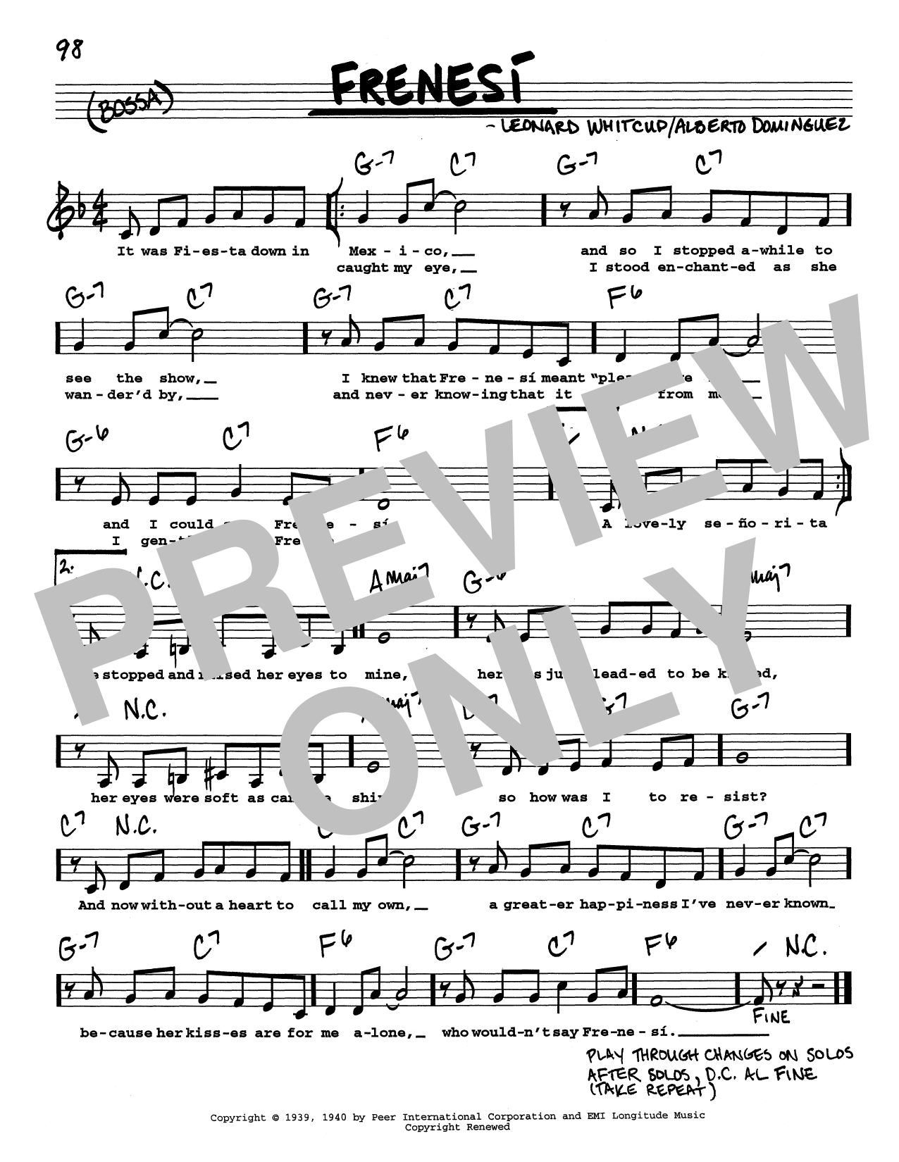 Alberto Dominguez Frenesí (Low Voice) Sheet Music