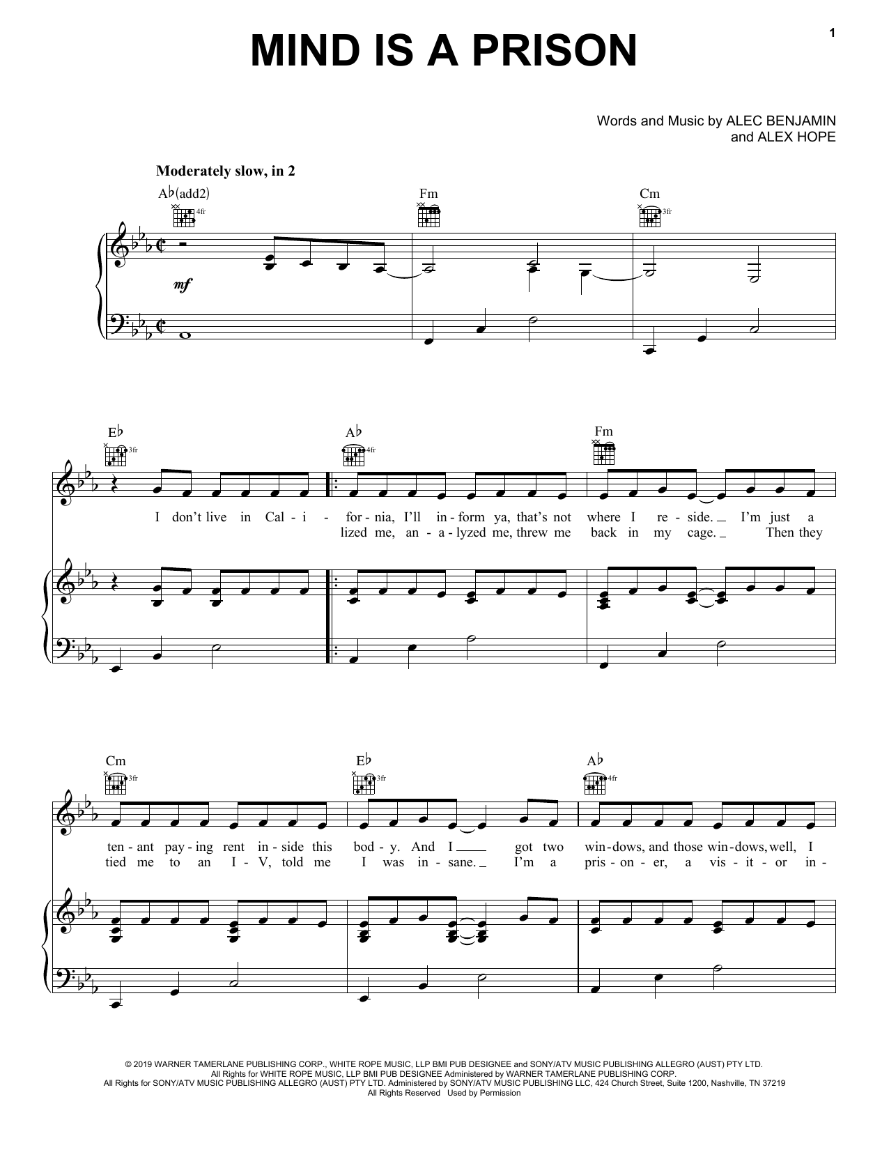 Alec Benjamin Mind Is A Prison Sheet Music
