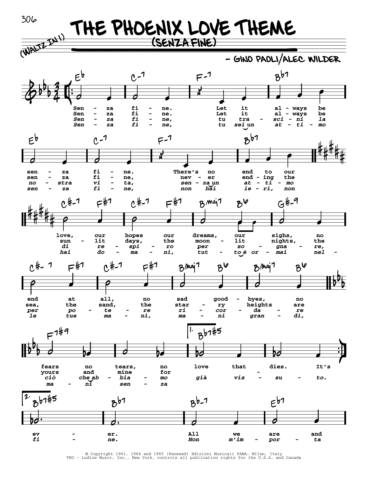 Alec Wilder The Phoenix Love Theme (Senza Fine) (High Voice) Sheet Music