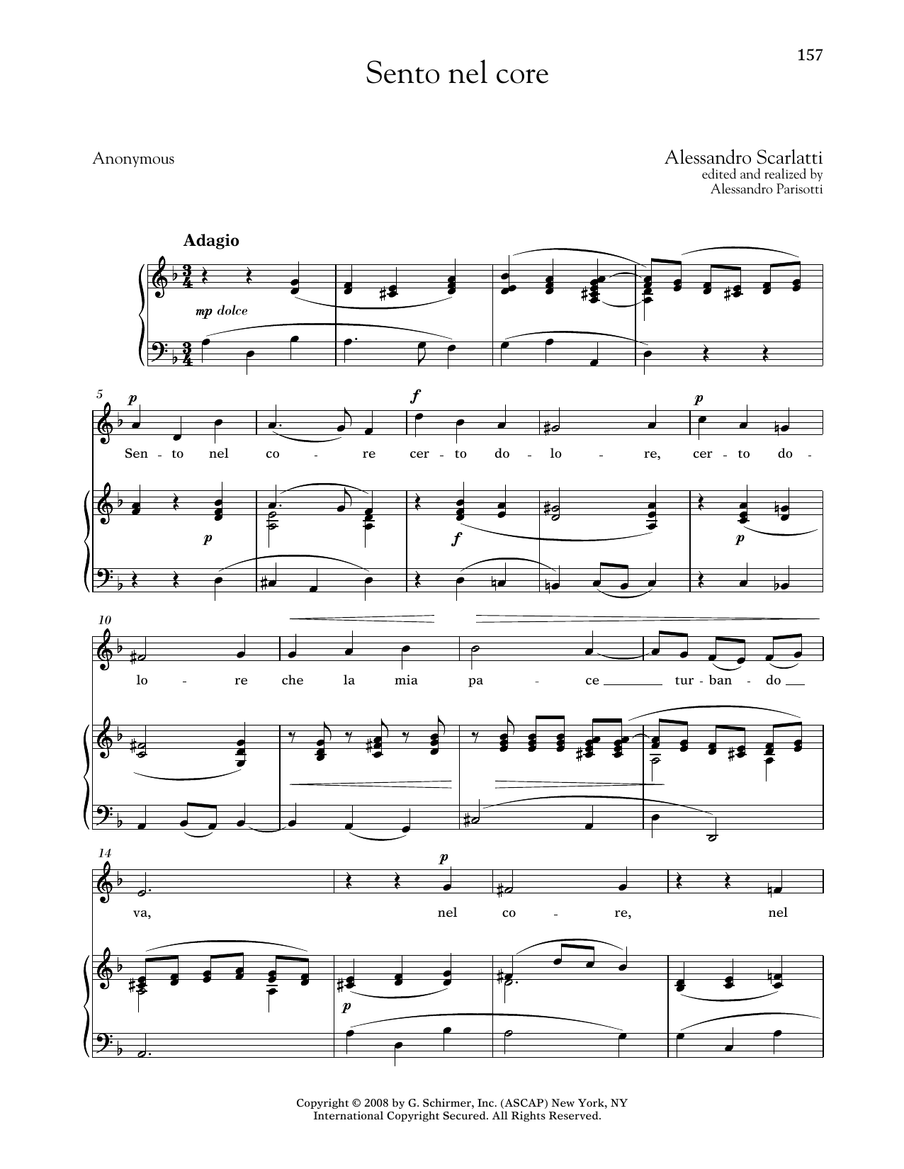 Alessandro Scarlatti Sento Nel Core (Medium Low Voice) Sheet Music