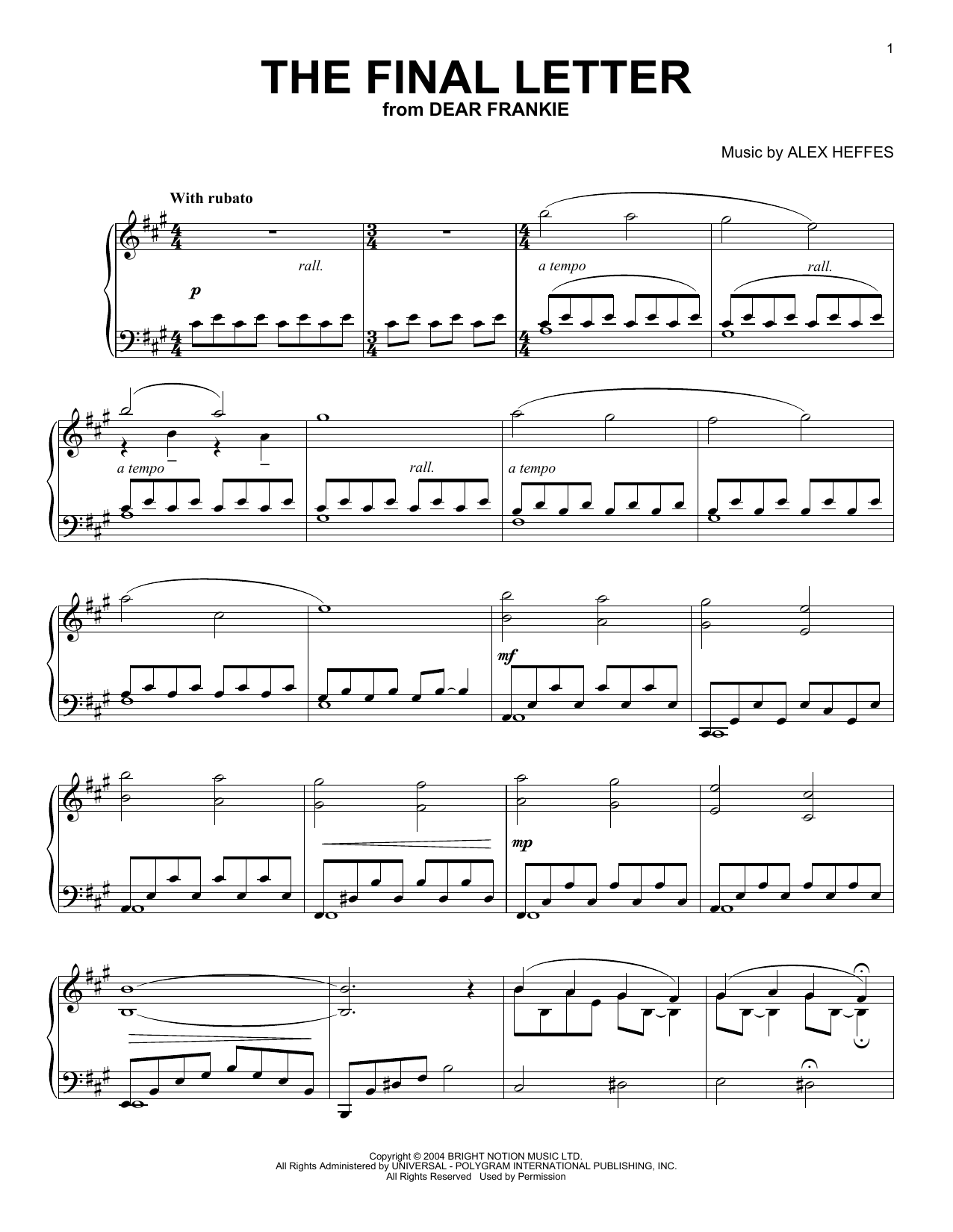 Alex Heffes The Final Letter (from Dear Frankie) Sheet Music