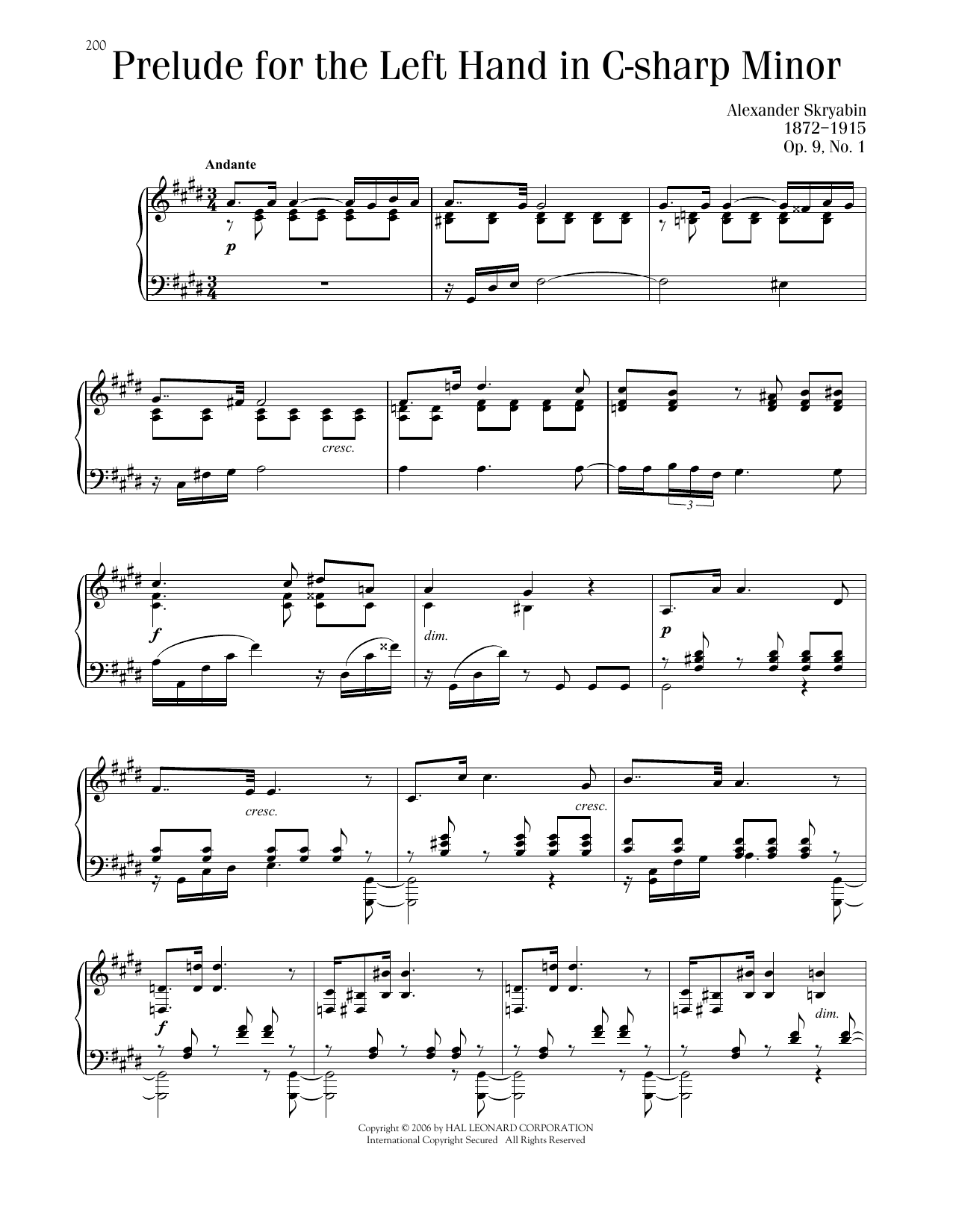 Alexander Scriabin Prelude For The Left Hand, Op. 9, No. 1 Sheet Music