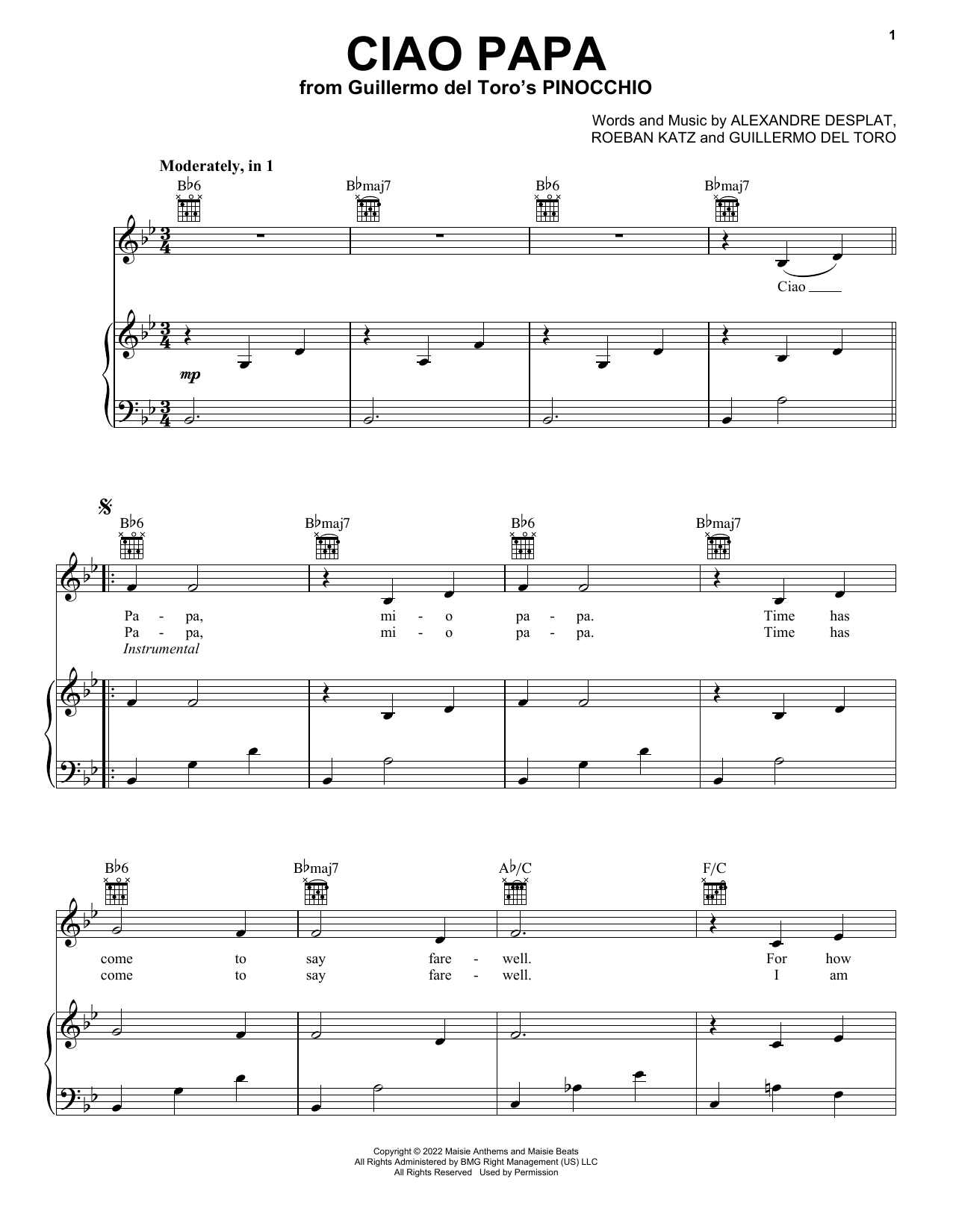 Alexandre Desplat Ciao Papa (from Guillermo del Toro's Pinocchio) Sheet Music