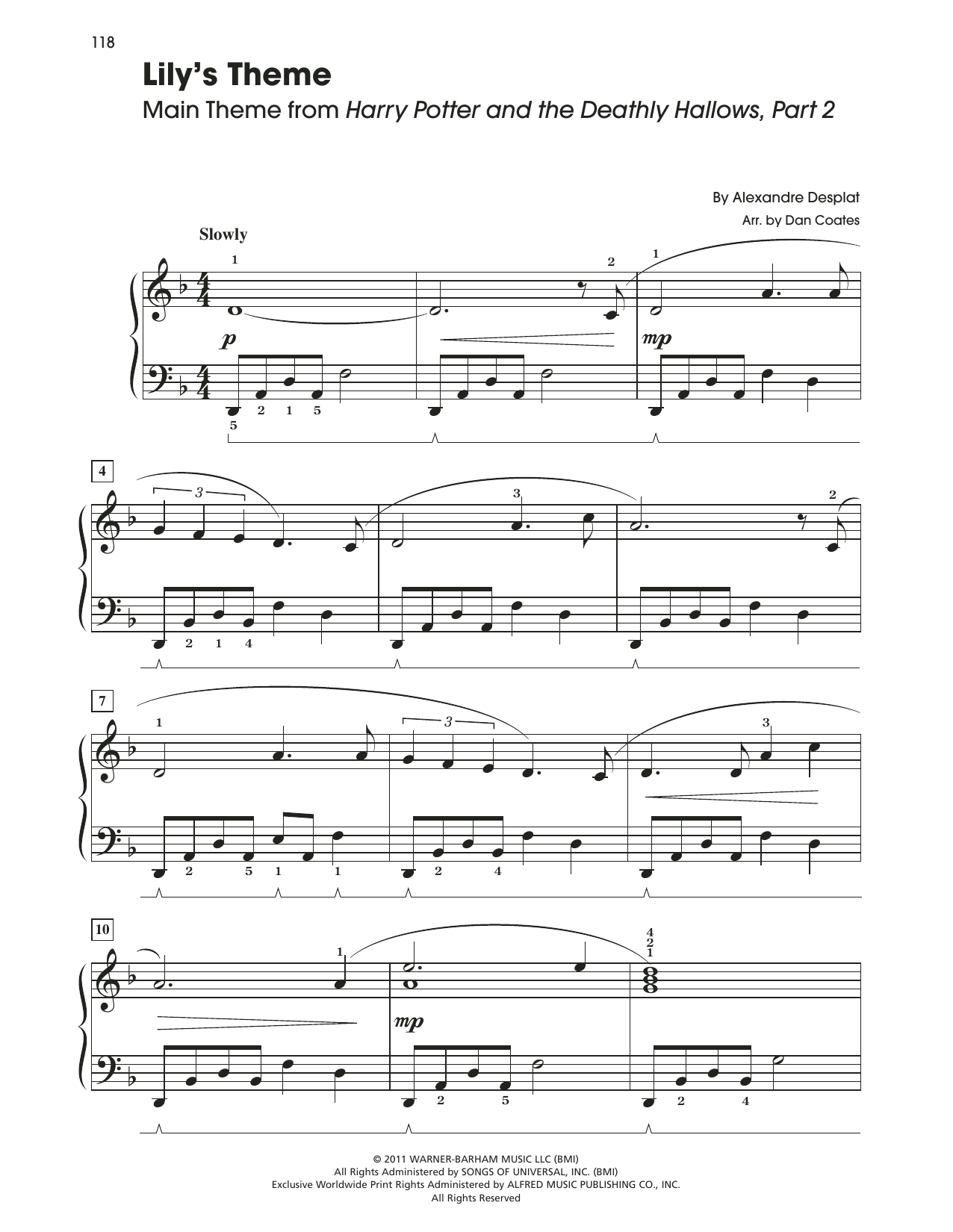 Alexandre Desplat Lily's Theme (from Harry Potter And The Deathly Hallows, Pt. 2) (arr. Dan Coates Sheet Music