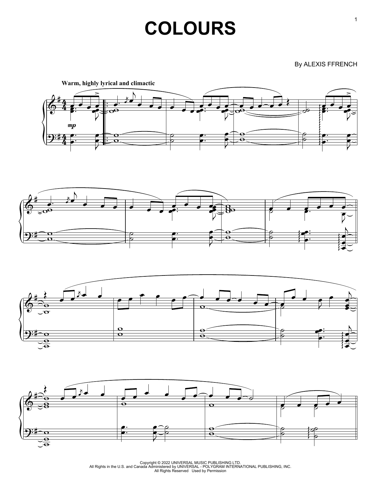 Alexis Ffrench Colours Sheet Music
