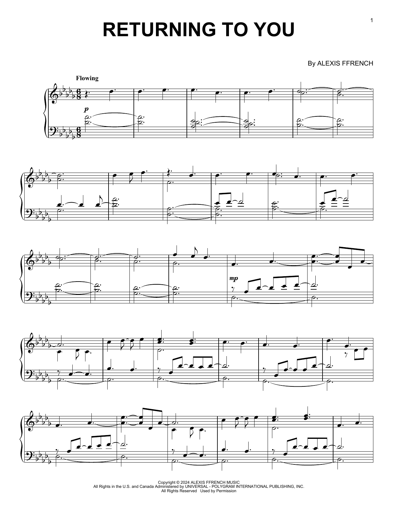 Alexis Ffrench Returning To You Sheet Music