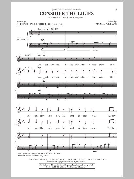 Alice Williams Brotherton Consider The Lilies Sheet Music