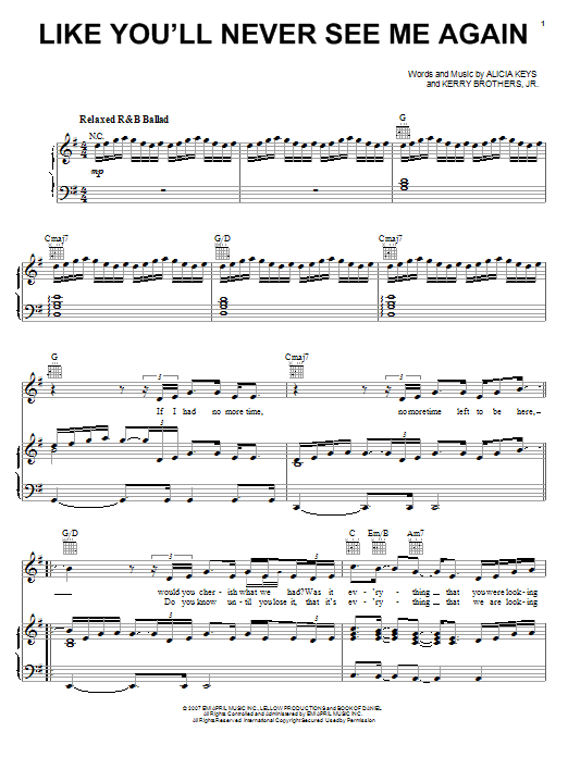 Alicia Keys Like You'll Never See Me Again Sheet Music