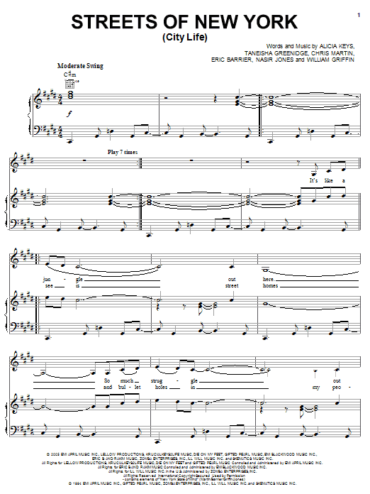 Alicia Keys Streets Of New York (City Life) Sheet Music