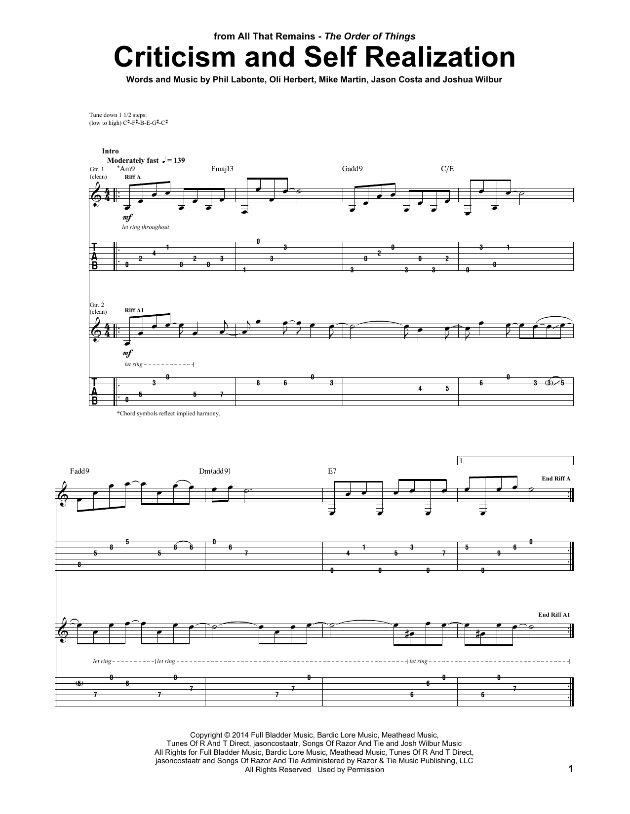 All That Remains Criticism And Self Realization Sheet Music
