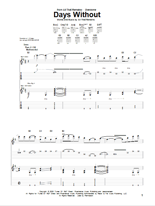 All That Remains Days Without Sheet Music