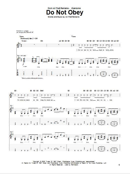 All That Remains Do Not Obey Sheet Music
