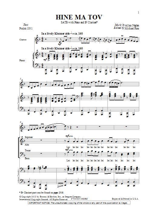Allan Naplan Hine Ma Tov Sheet Music