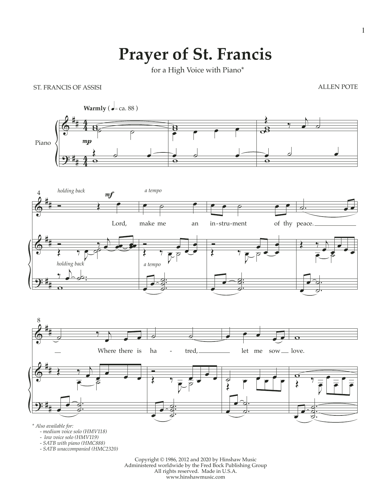 Allen Pote Prayer of St. Francis (High Voice) Sheet Music