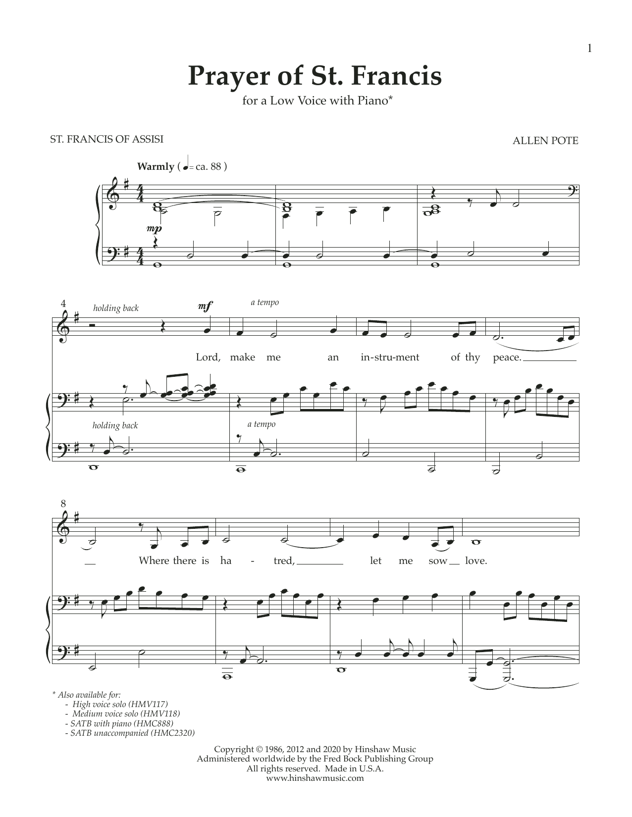 Allen Pote Prayer of St. Francis (Low Voice) Sheet Music