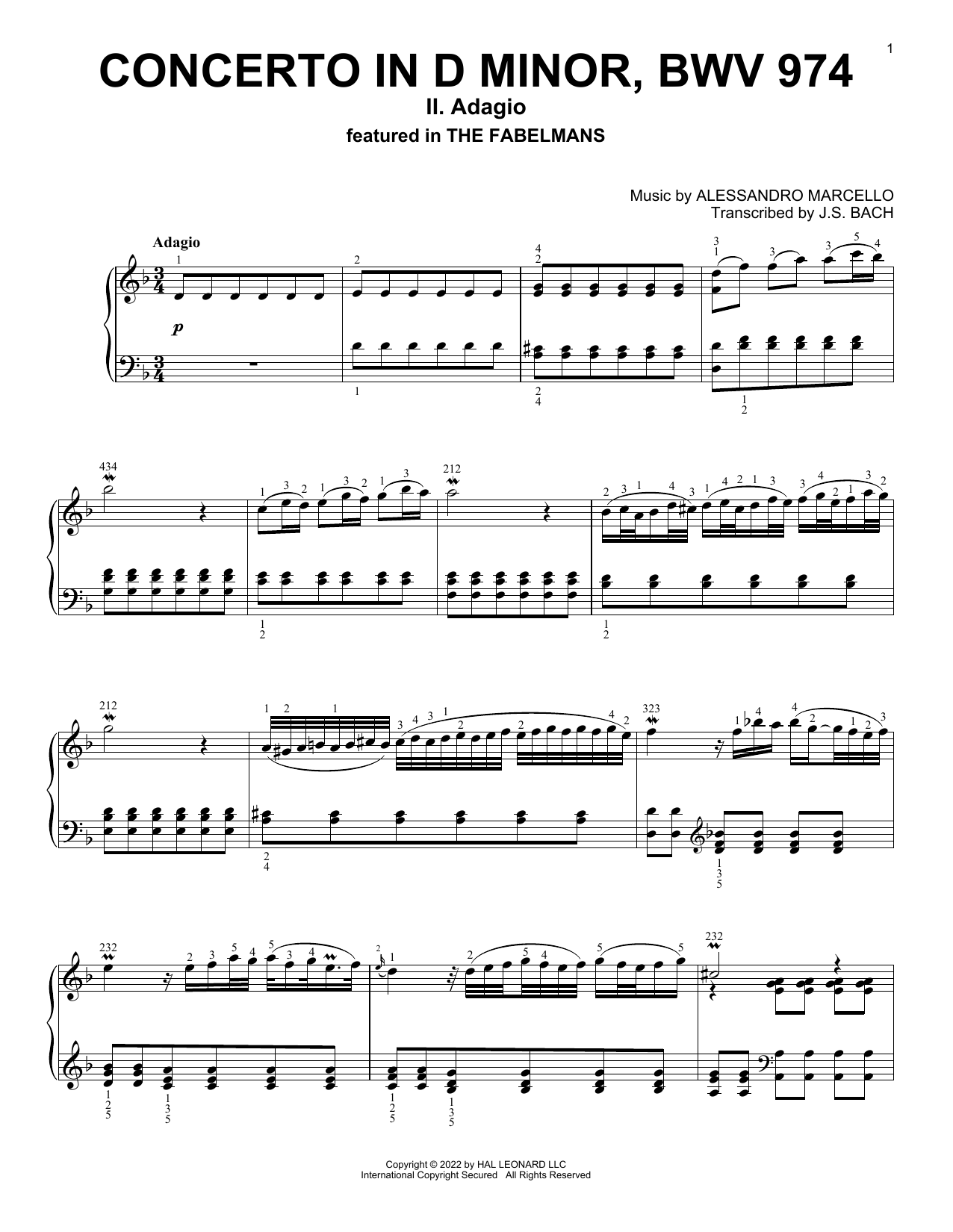 Alessandro Marcello Concerto In D Minor, BWV 974 (II: Adagio) Sheet Music
