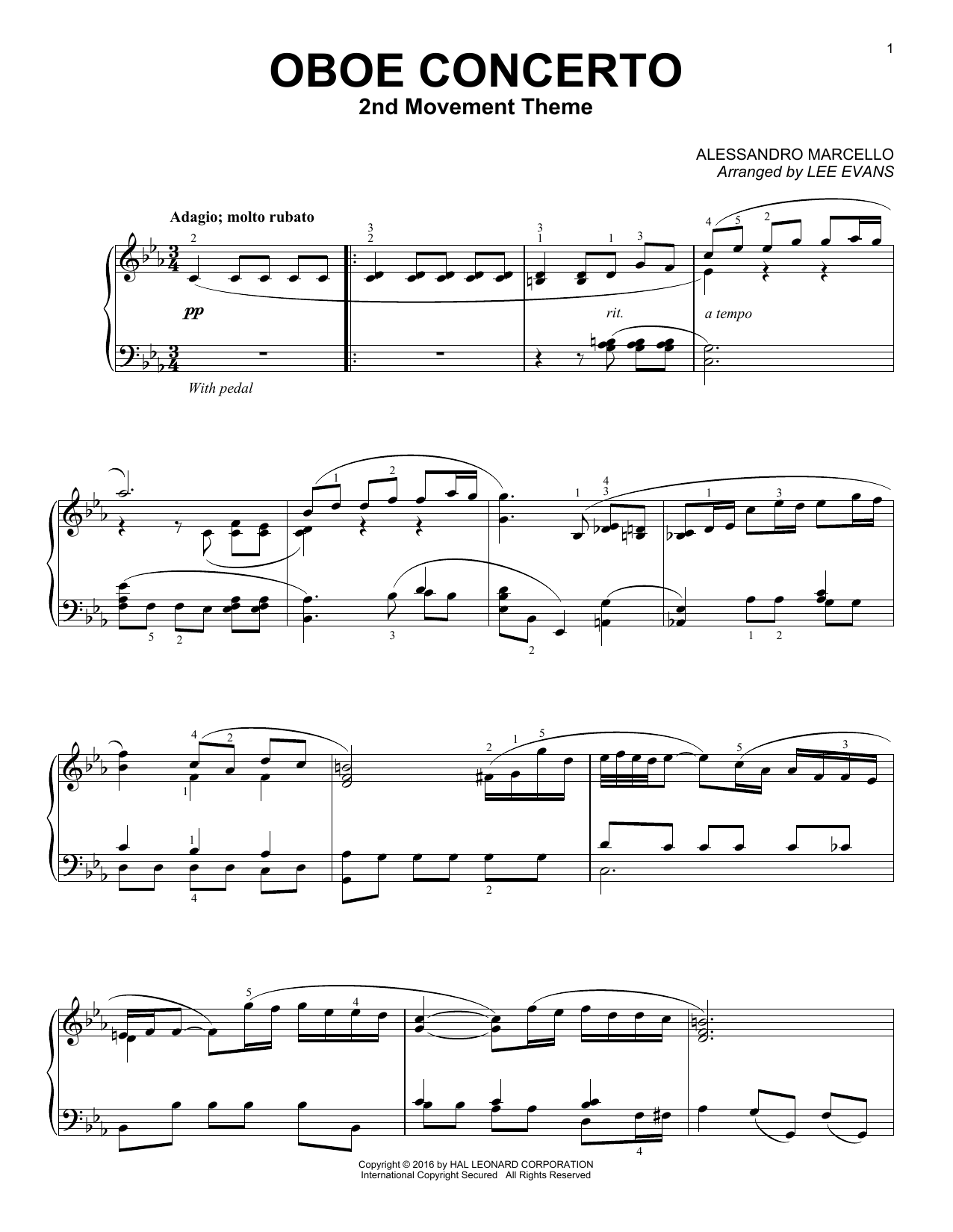 Alessandro Marcello Oboe Concerto In C Minor, 2nd Movement (arr. Lee Evans) Sheet Music