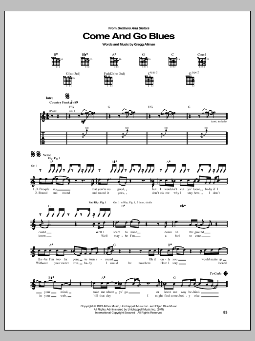 Allman Brothers Band Come And Go Blues Sheet Music