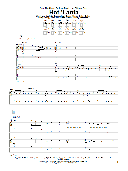 Allman Brothers Band Hot 'Lanta Sheet Music