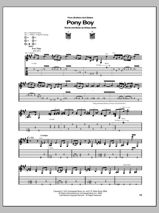 Allman Brothers Band Pony Boy Sheet Music