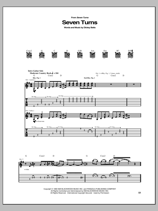 Allman Brothers Band Seven Turns Sheet Music