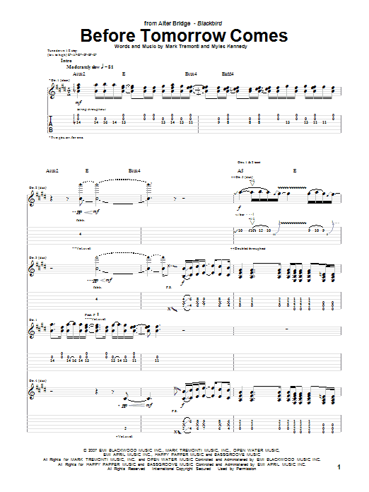 Alter Bridge Before Tomorrow Comes Sheet Music