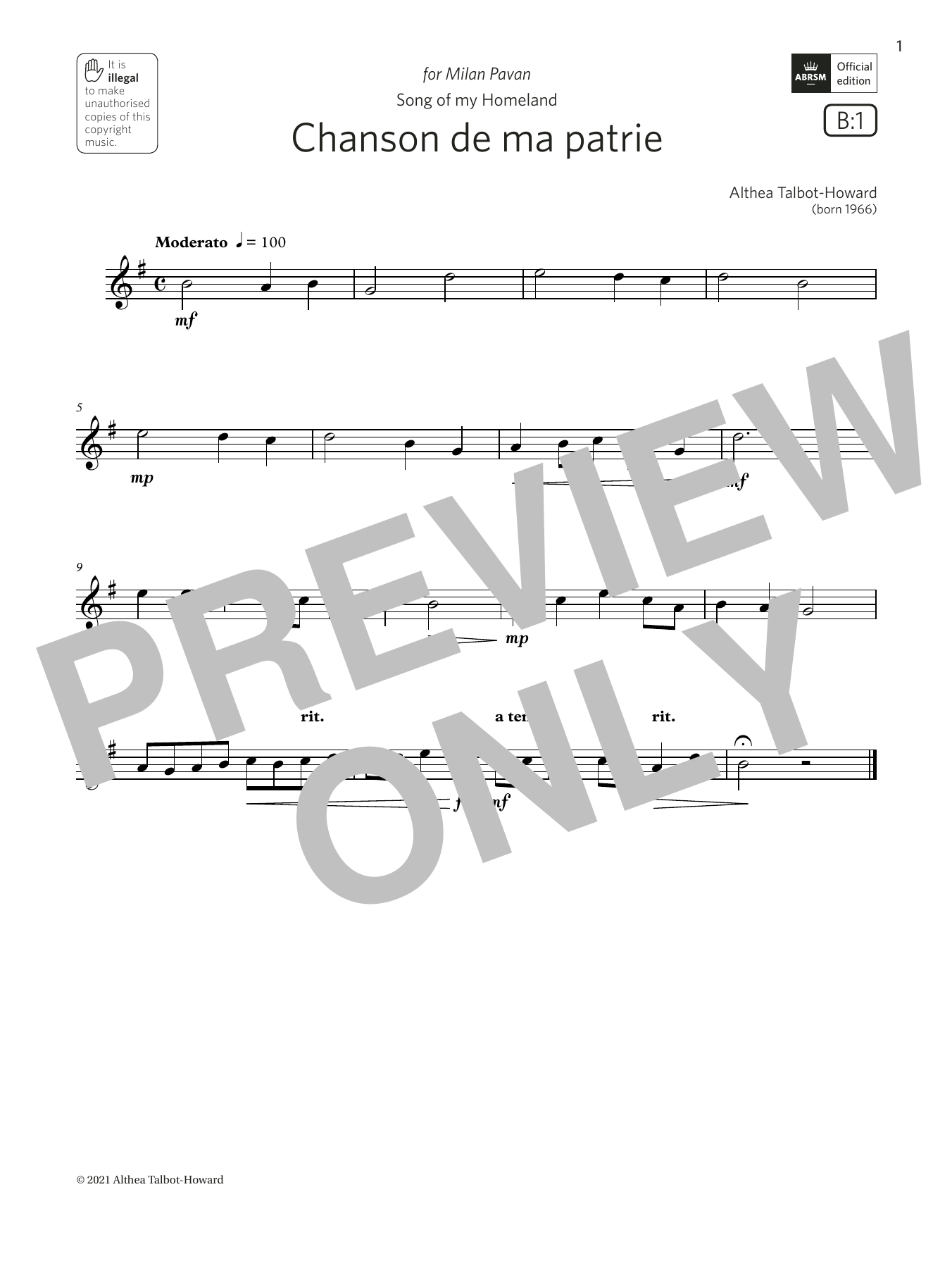Althea Talbot-Howard Chanson de ma patrie (Grade 1 List B1 from the ABRSM Saxophone syllabus from 202 Sheet Music