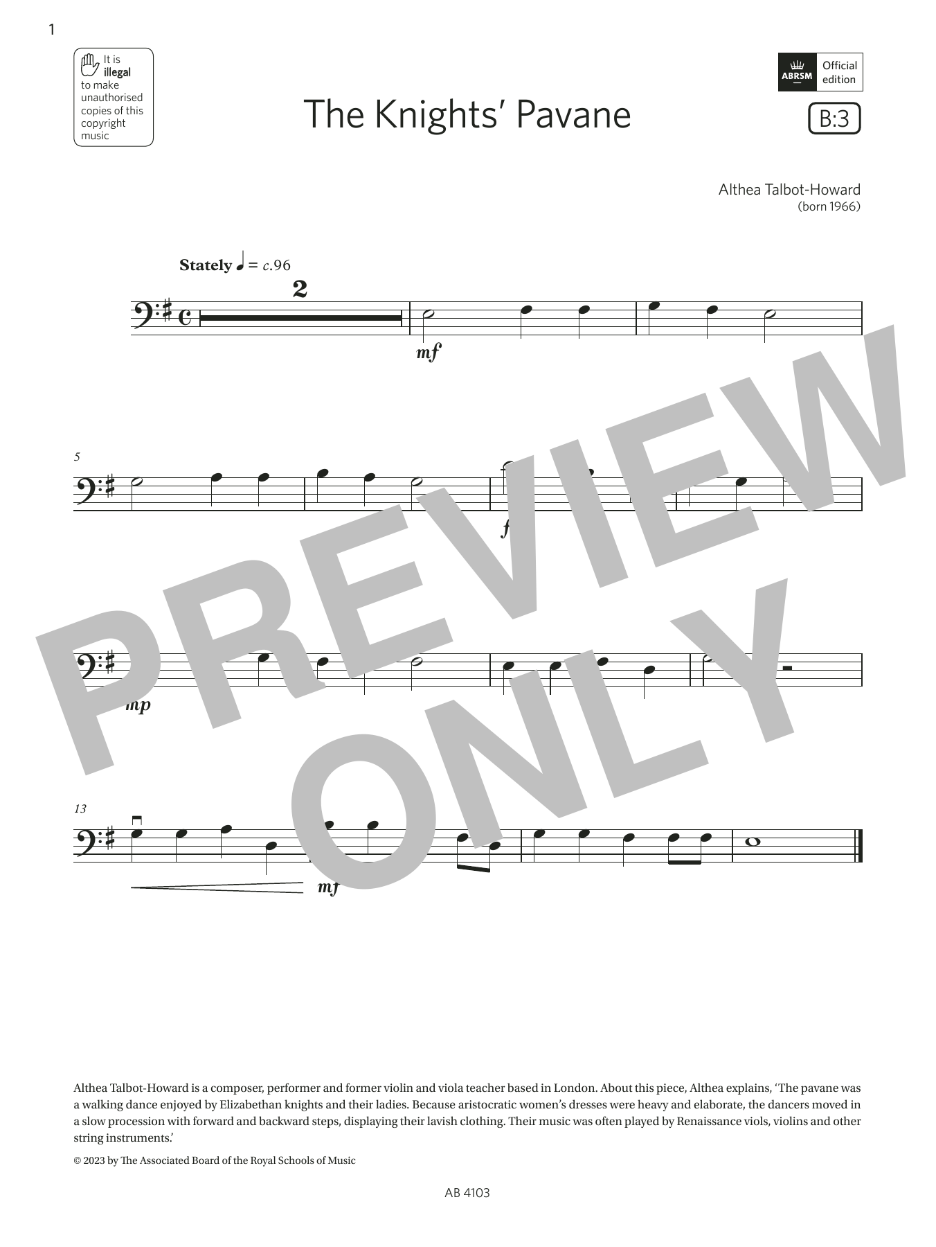 Althea Talbot-Howard The Knights' Pavane (Grade Initial, B3, from the ABRSM Cello Syllabus from 2024) Sheet Music