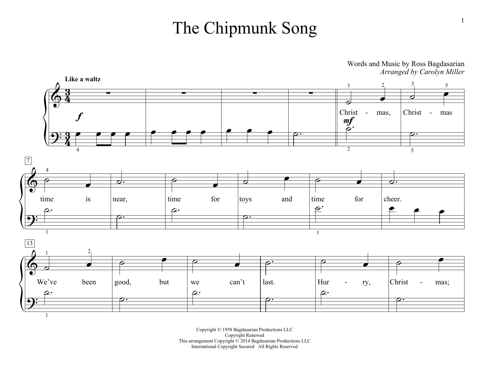 Alvin And The Chipmunks The Chipmunk Song (arr. Carolyn Miller) Sheet Music