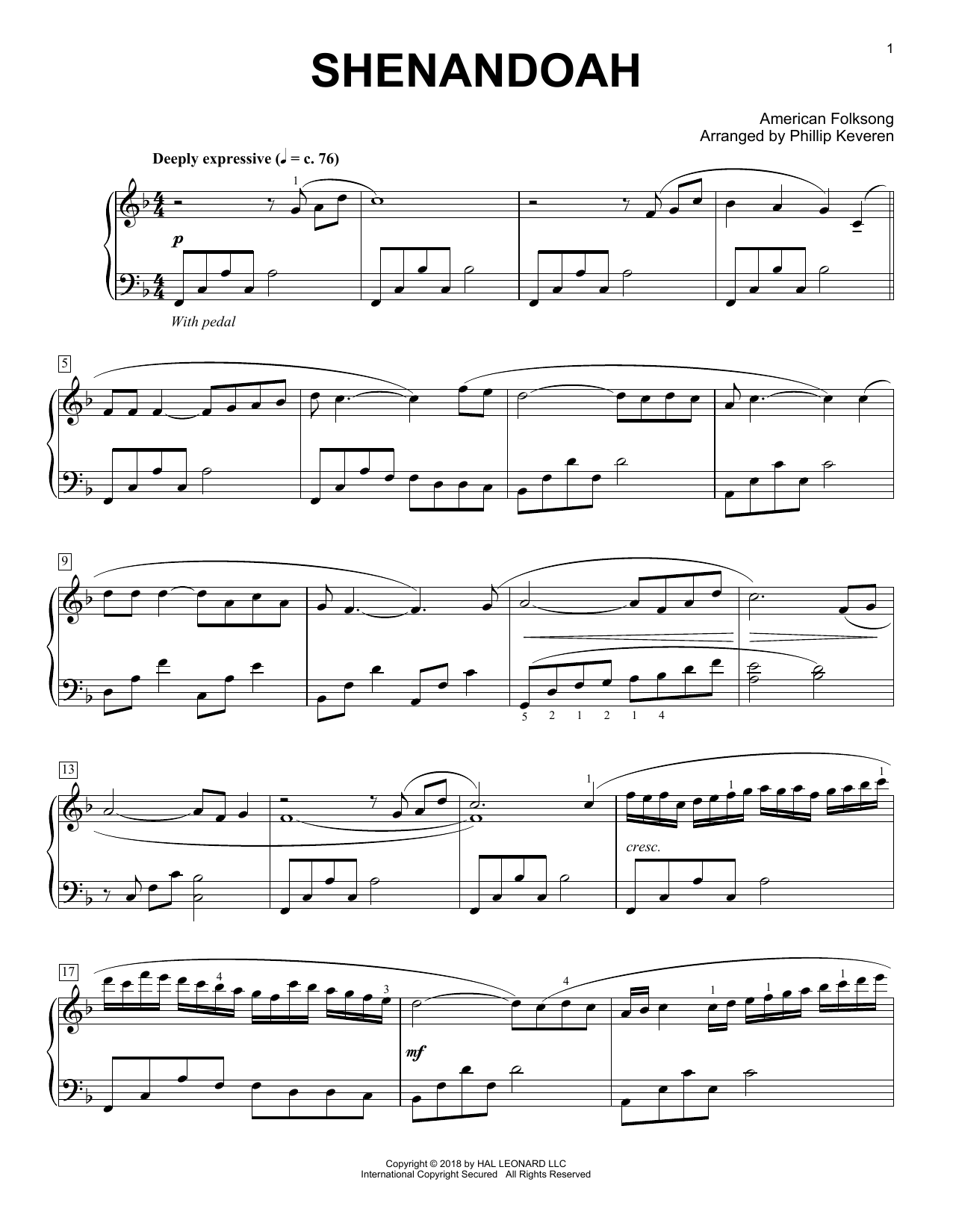 American Folksong Shenandoah [Classical version] (arr. Phillip Keveren) Sheet Music