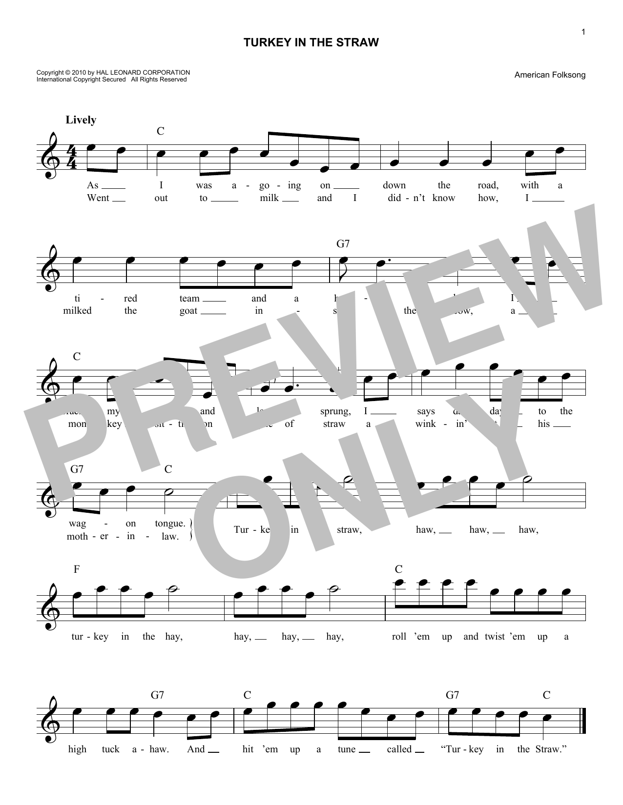American Folksong Turkey In The Straw Sheet Music