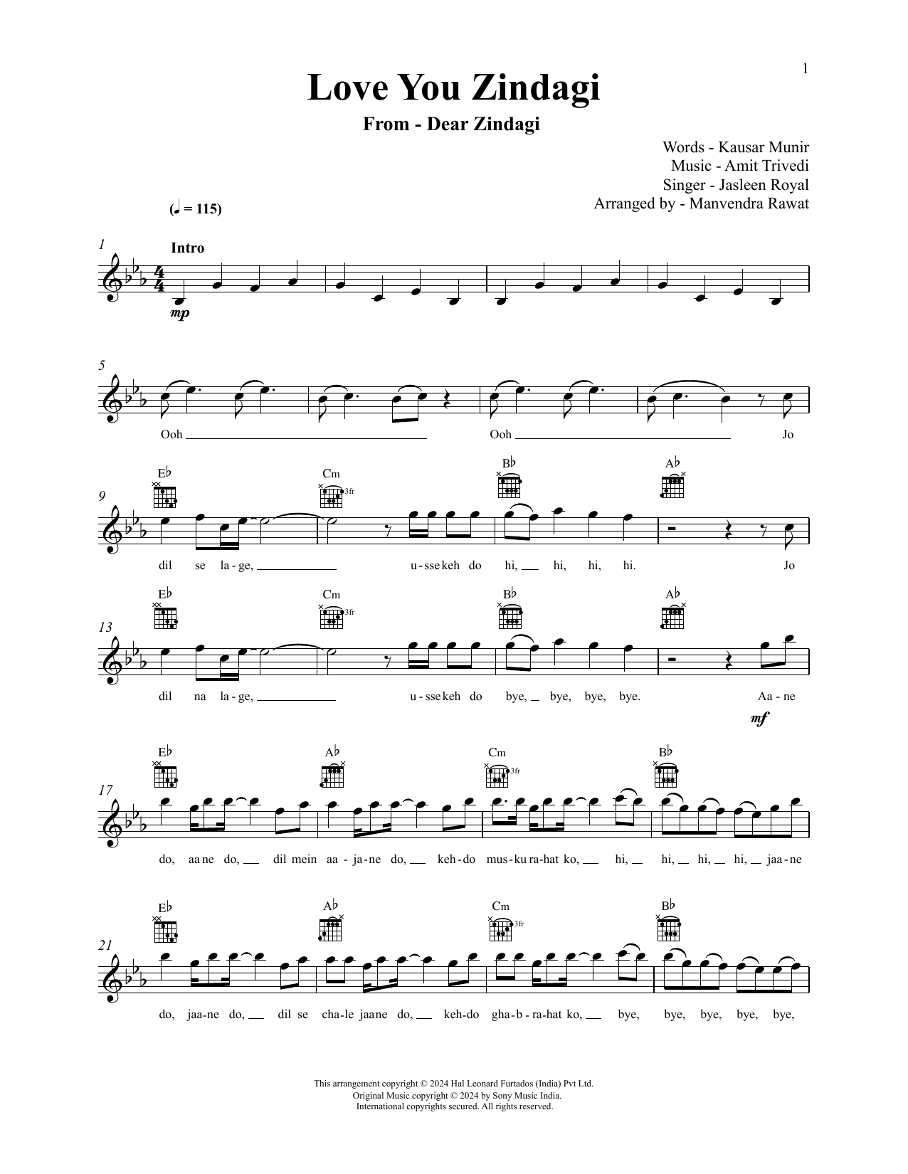 Amit Trivedi and Jasleen Royal Love You Zindagi (from Dear Zindagi) Sheet Music
