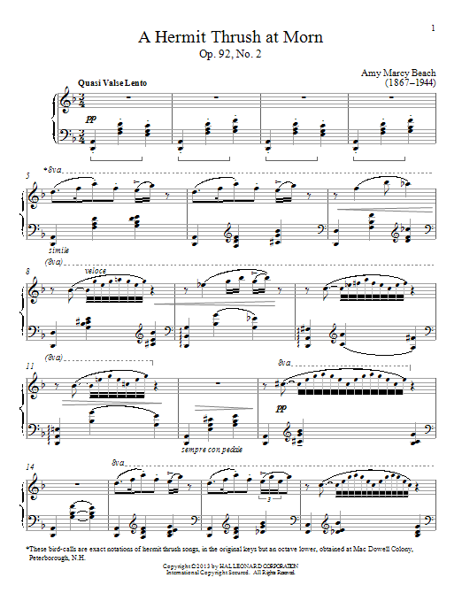 Amy Beach A Hermit Thrush At Morn, Op. 92, No. 2 Sheet Music