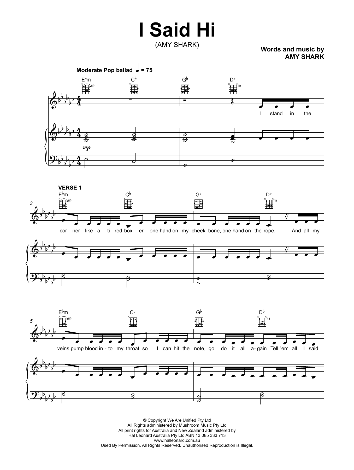 Amy Shark I Said Hi Sheet Music