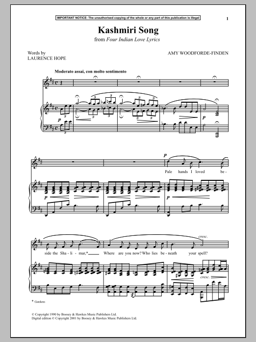 Amy Woodforde-Finden Kashmiri Song from Four Indian Love Lyrics Sheet Music