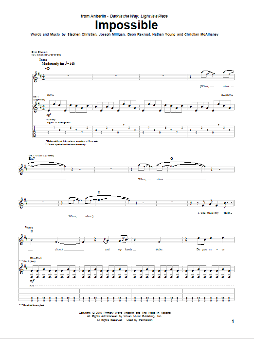Anberlin Impossible Sheet Music