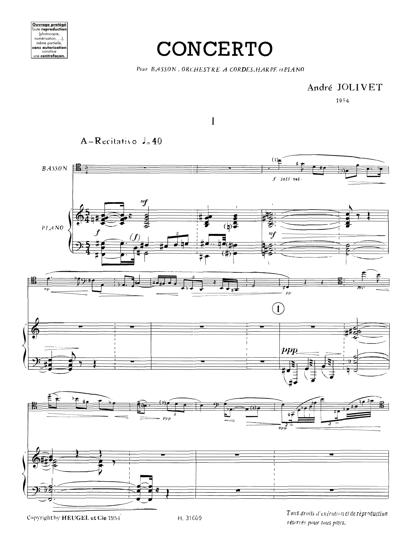 André Jolivet Concerto for Bassoon, transcription for Bass Clarinet Sheet Music