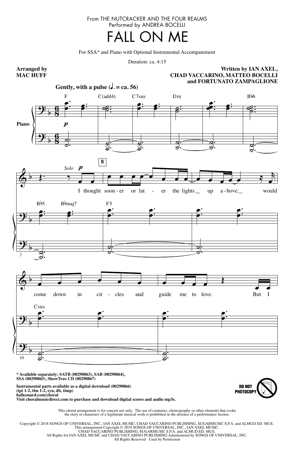 Andrea Bocelli & Matteo Bocelli Fall On Me (from The Nutcracker and the Four Realms) (arr. Mac Huff) Sheet Music