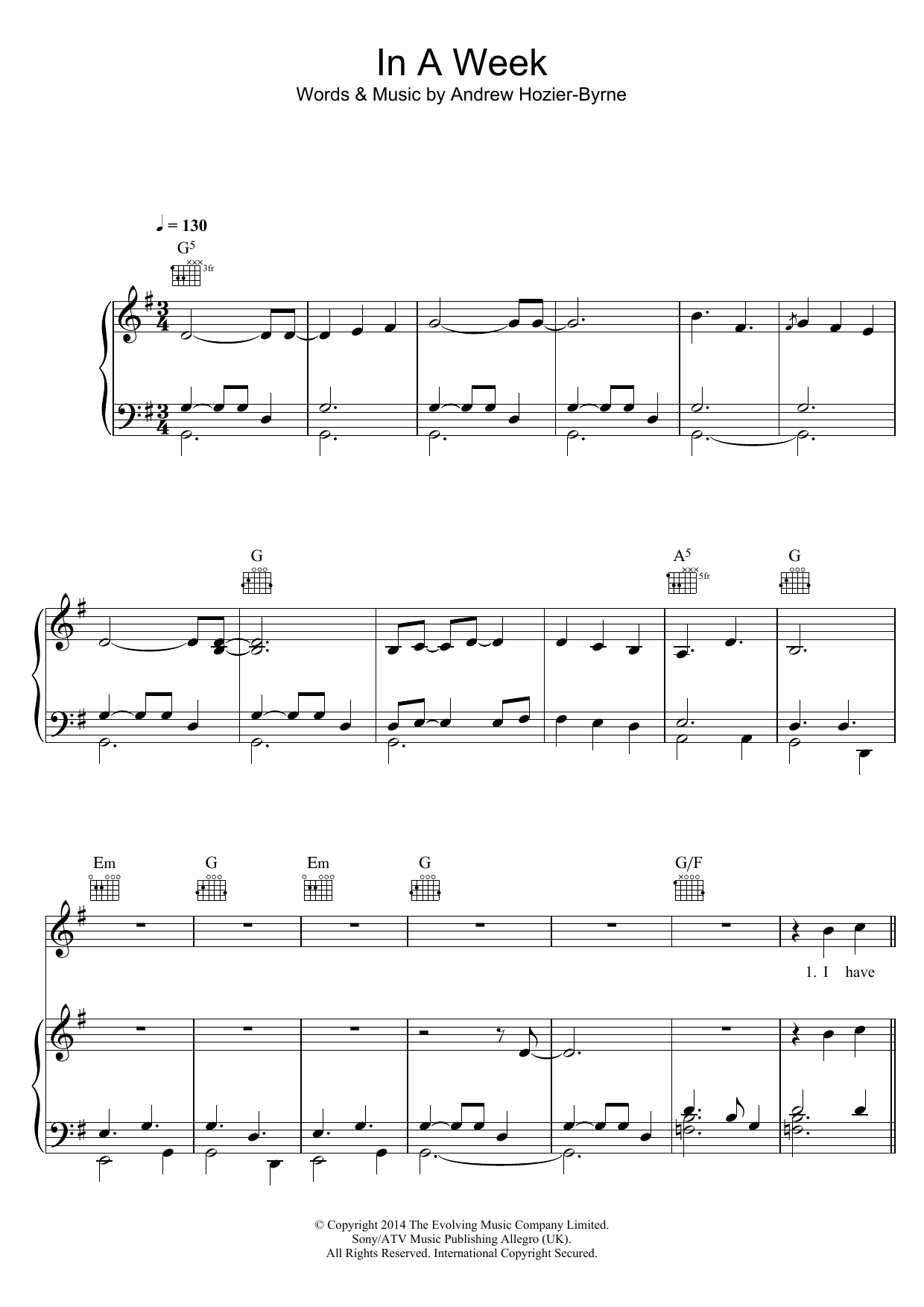 Hozier In A Week Sheet Music