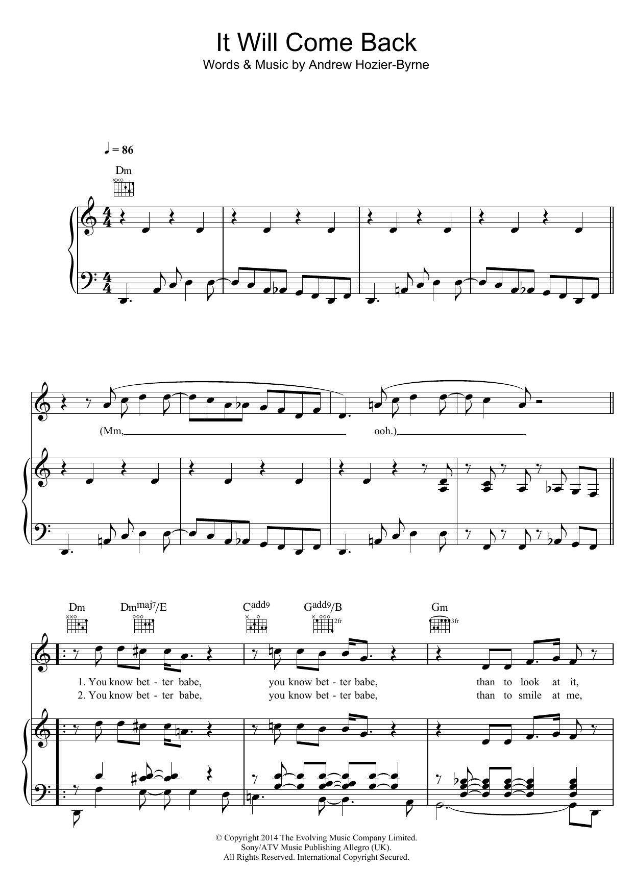 Hozier It Will Come Back Sheet Music