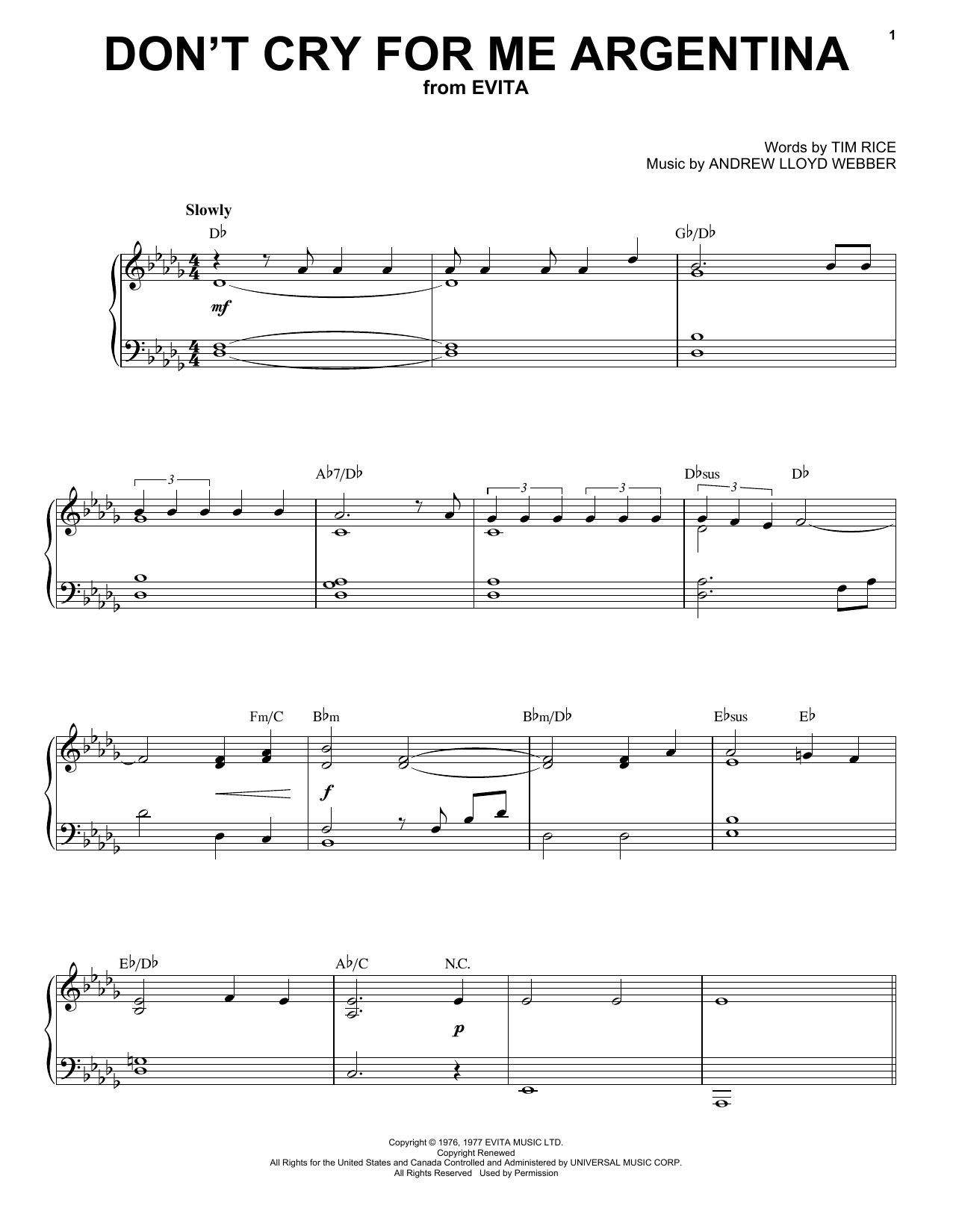 Andrew Lloyd Webber Don't Cry For Me Argentina Sheet Music