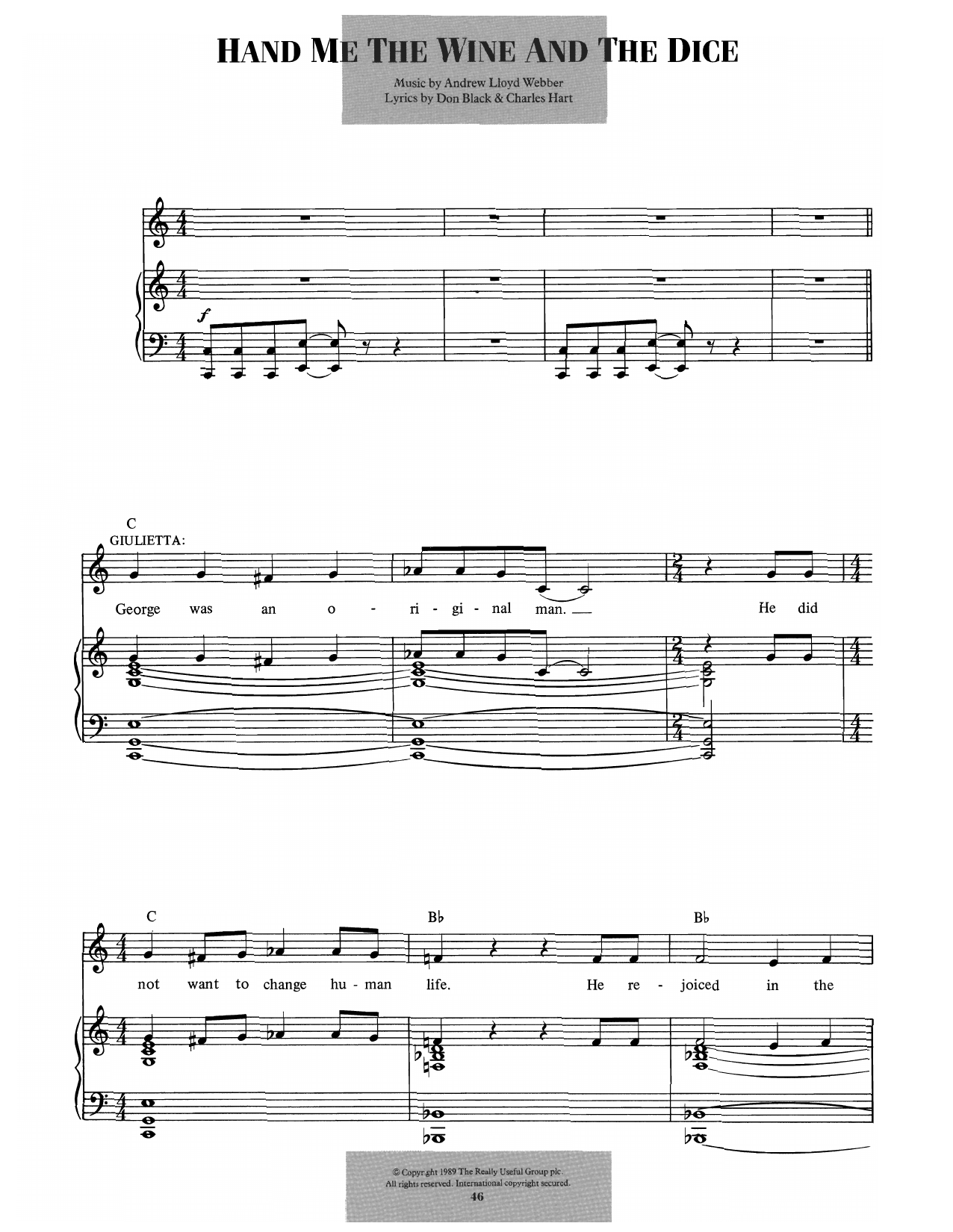 Andrew Lloyd Webber Hand Me The Wine And The Dice (from Aspects Of Love) Sheet Music