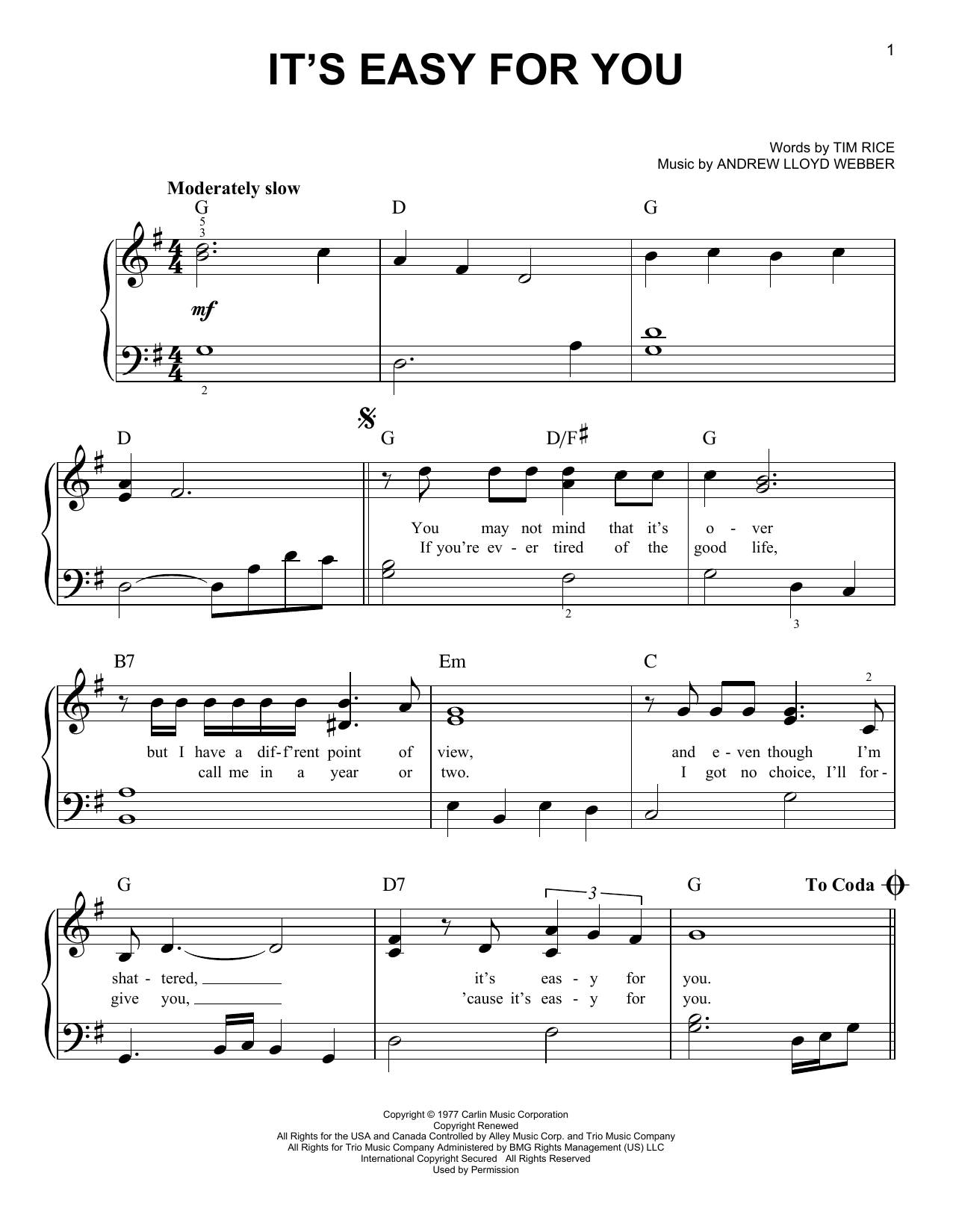 Andrew Lloyd Webber It's Easy For You Sheet Music