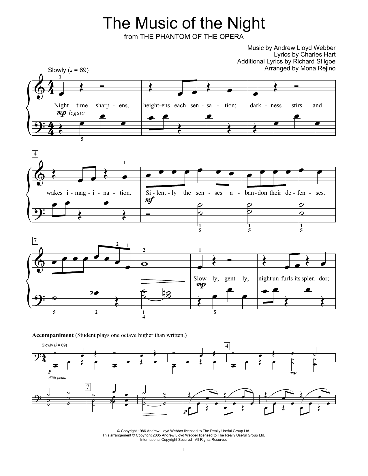 Andrew Lloyd Webber The Music Of The Night (from The Phantom Of The Opera) (arr. Mona Rejino) Sheet Music